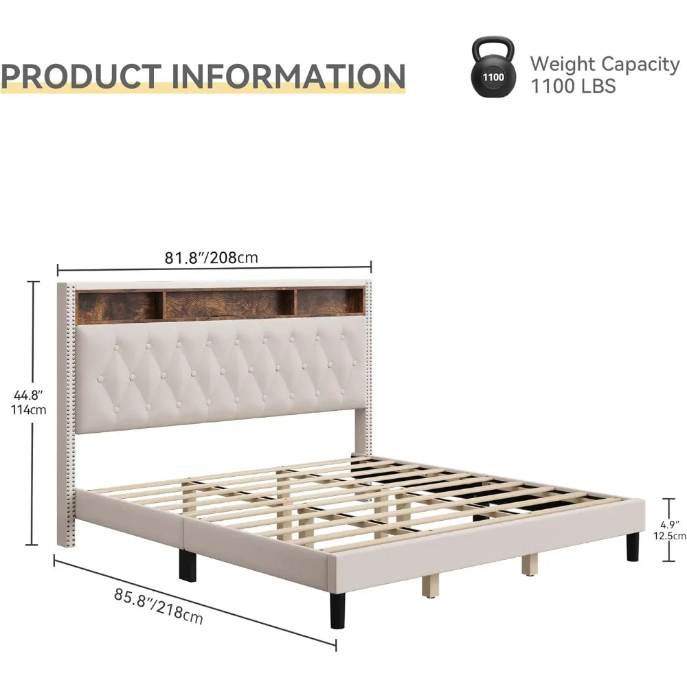 Ljustra King Bed Frame Upholstered Headboard LED Lights Charging Station