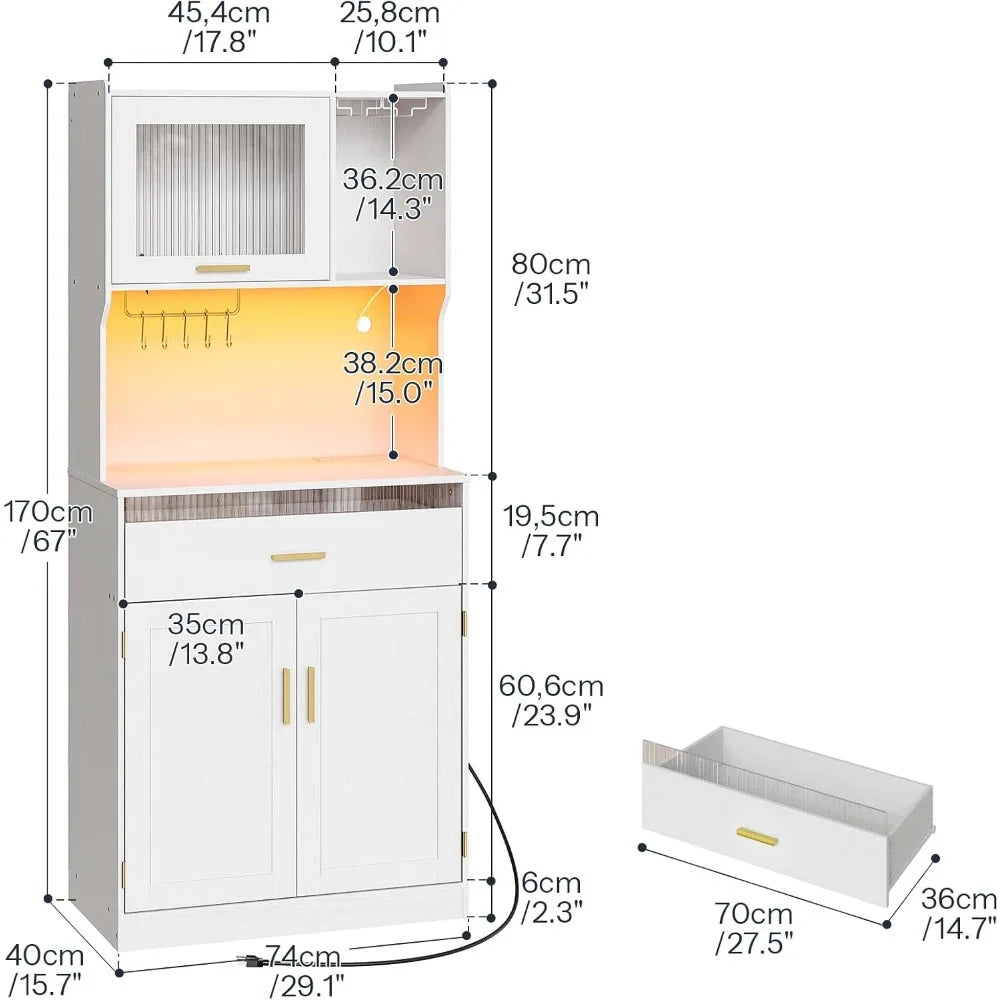 Ljustra Pantry Cabinet 67 Inch Kitchen Storage with LED Lights Charging Station