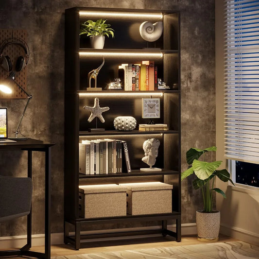 Tall Black Bookcase with LED Lights Heavy Duty Free-Standing Organizer