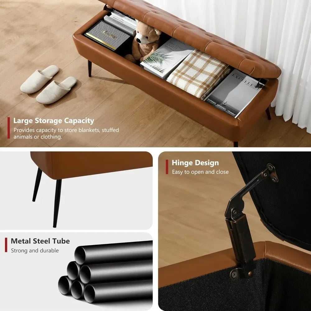 Leather Storage Ottoman Bench Mid-Century Modern Style Living Room Bedroom