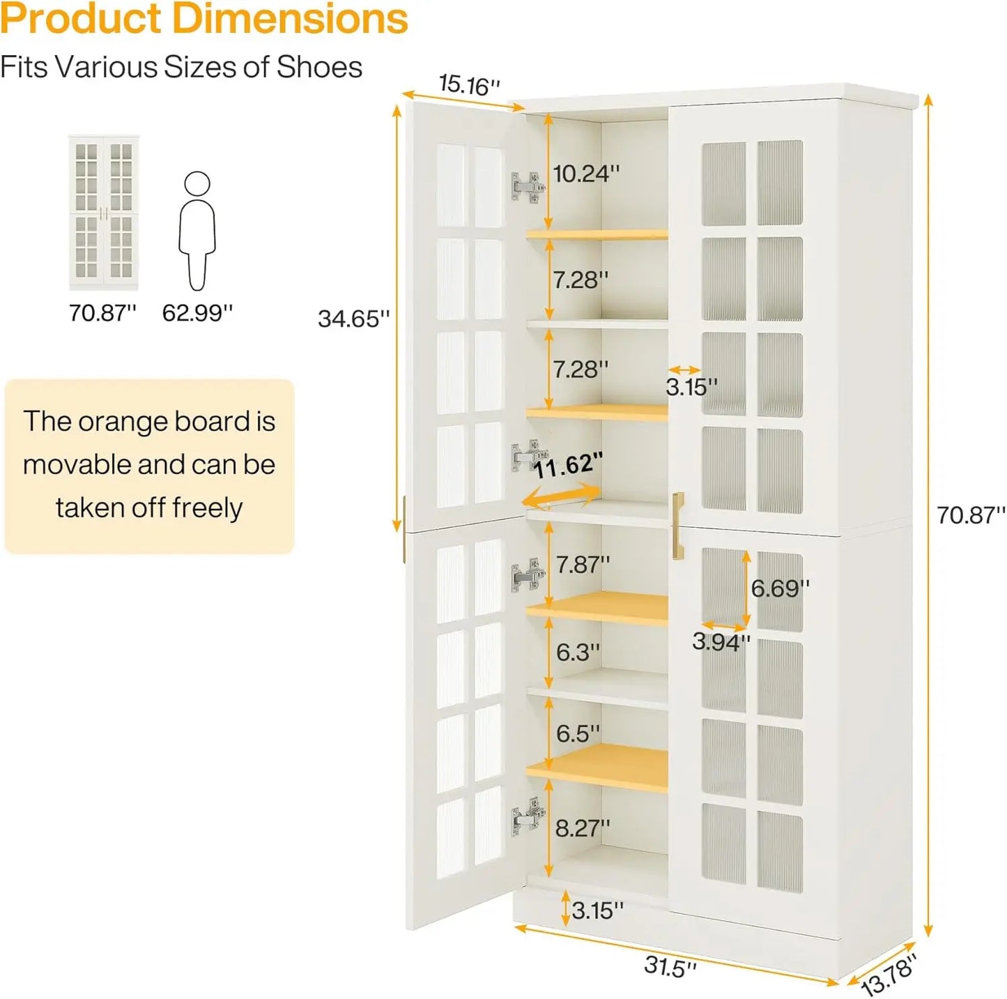 71 Inch Modern White Gold Shoe Cabinet 8 Tier Adjustable Storage Organizer
