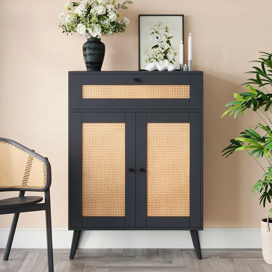 Rattan Storage Cabinet 2-Door Black Sideboard Buffet Elegant Boho Design