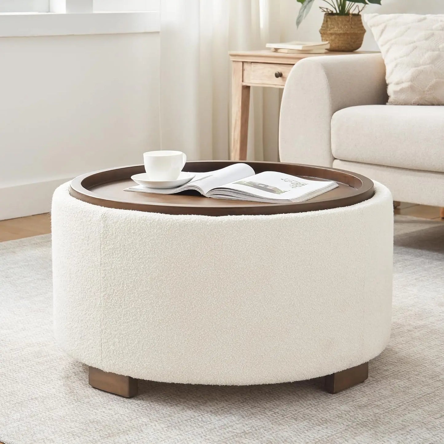 30 Inch Round Storage Ottoman Coffee Table Modern Boucle with Wood Legs