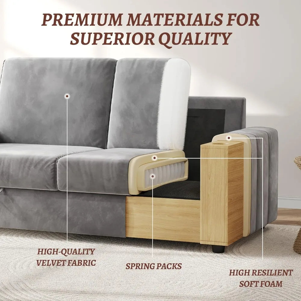 88 Inch Modern Velvet Recliner Sofa with Storage and Charging Ports