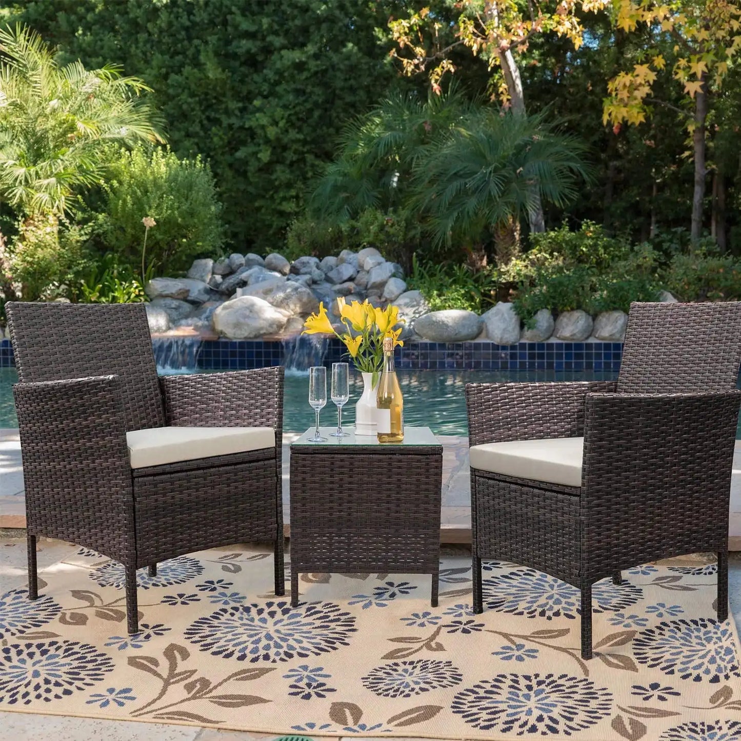 3 Piece Outdoor Patio Furniture Set Rattan Wicker Table Chairs