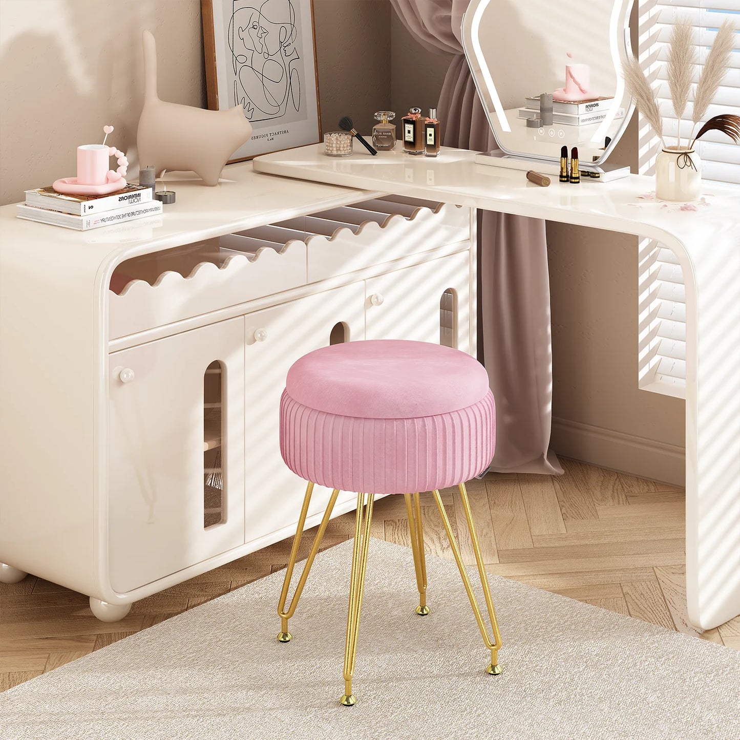 Redlife Velvet Vanity Stool Chair with Storage Makeup Footrest Living Room
