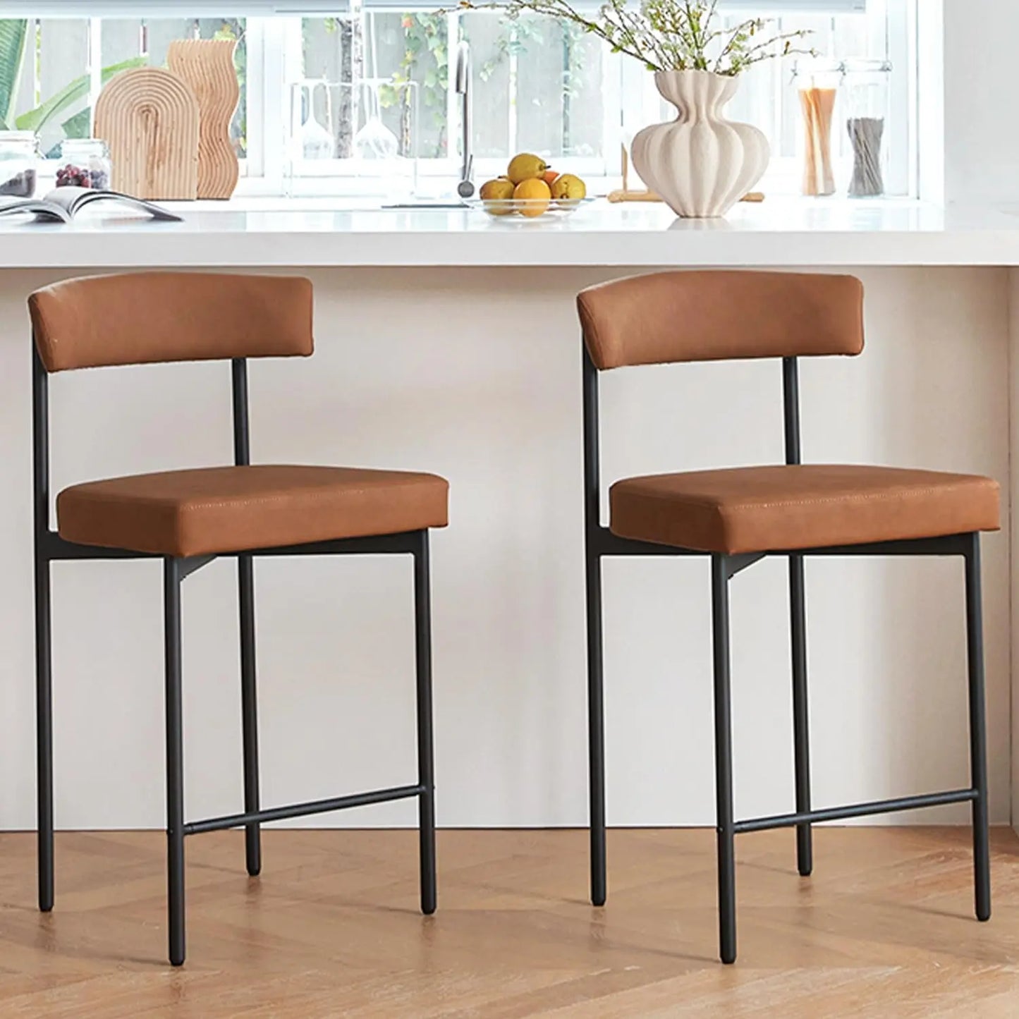 Brown Modern Bar Stools Set of 2 Faux Leather Curved Backrest Kitchen