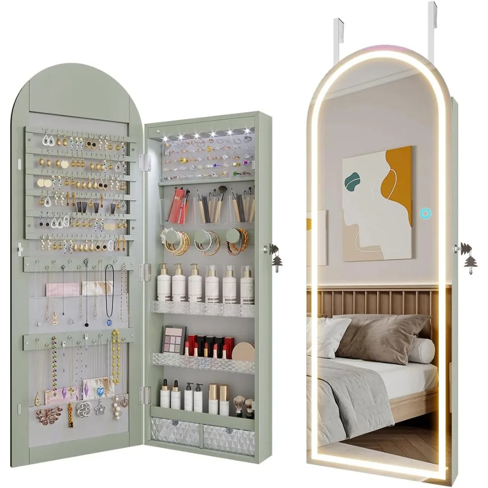 Arched Lighted Mirror Jewelry Cabinet Wall Door Mount Organizer