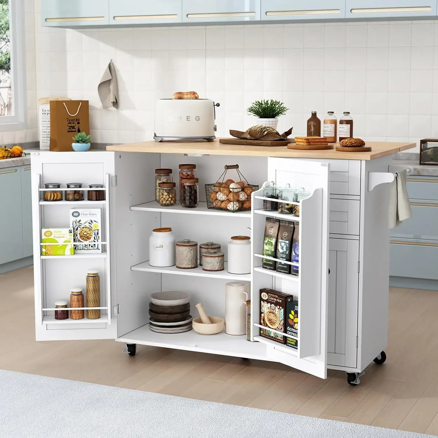 Rolling Kitchen Island with Storage Drop-Leaf Bar Countertop Modern Style