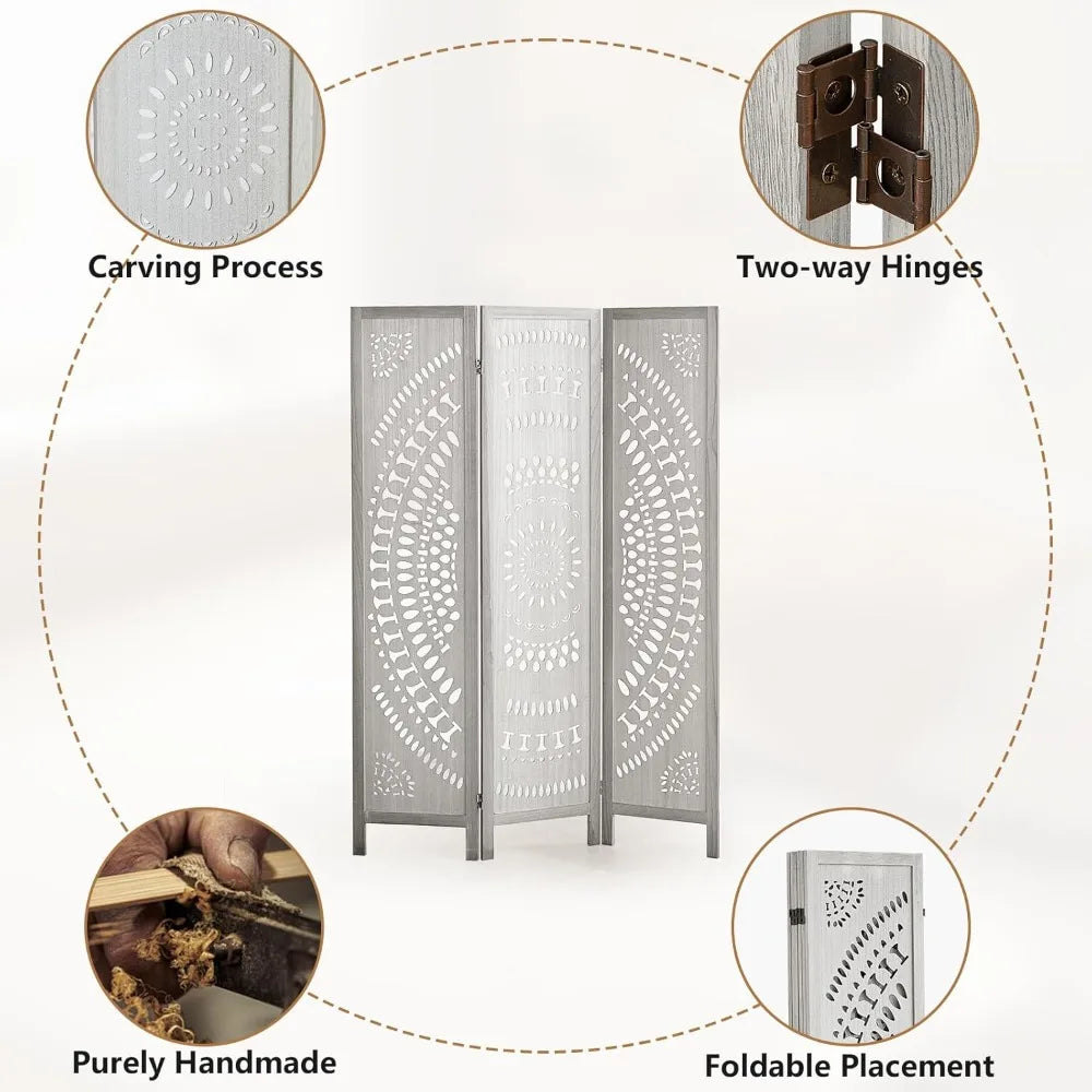 Carved 3 Panel Room Divider Folding Privacy Screen Home Decor Partition