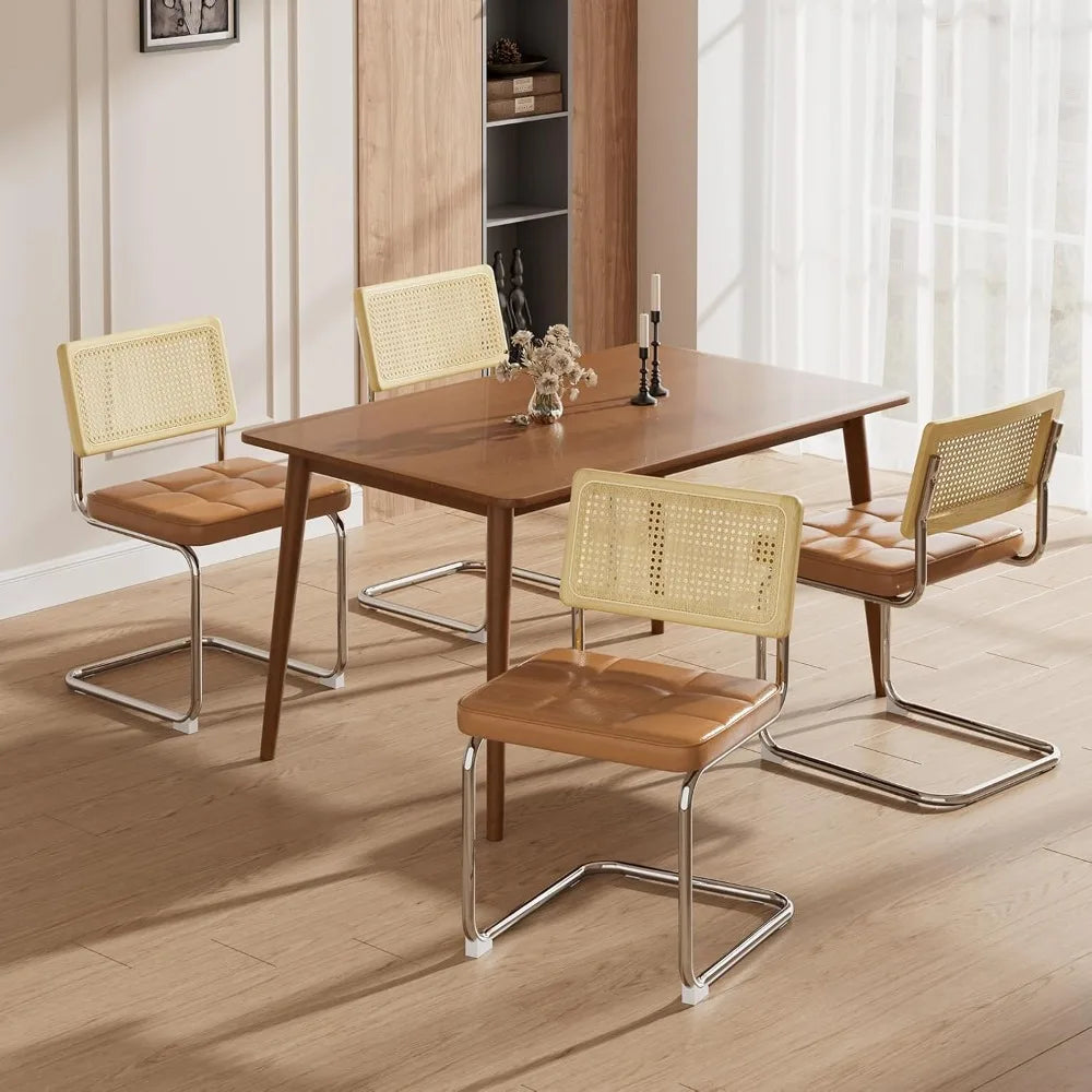 Modern Dining Chairs Set of 4 Faux Leather Cane Back Metal Legs Rattan