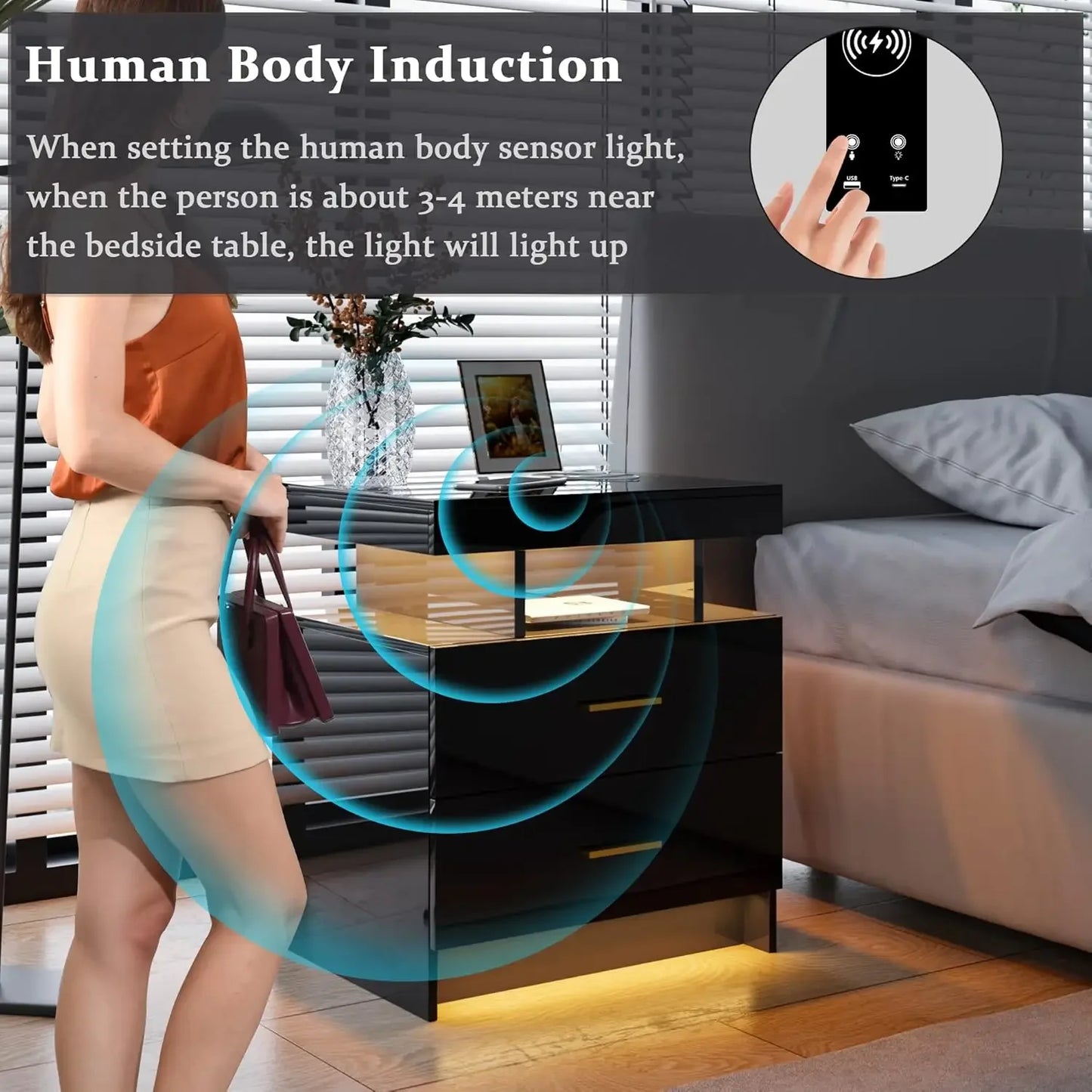 Auto LED Nightstand Wireless Charging USB Ports Floating Bedside Table