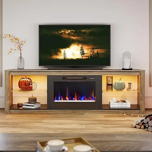 Fireplace TV Stand for 75 inch TV with Electric Fireplace and LED Light