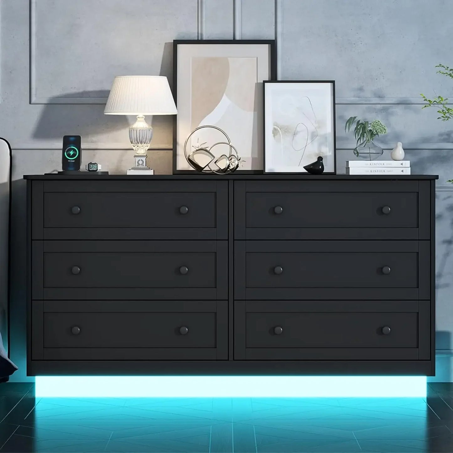 Limited Time Offer 6 Drawer Dresser Modern Chest with Power Outlet LED Light