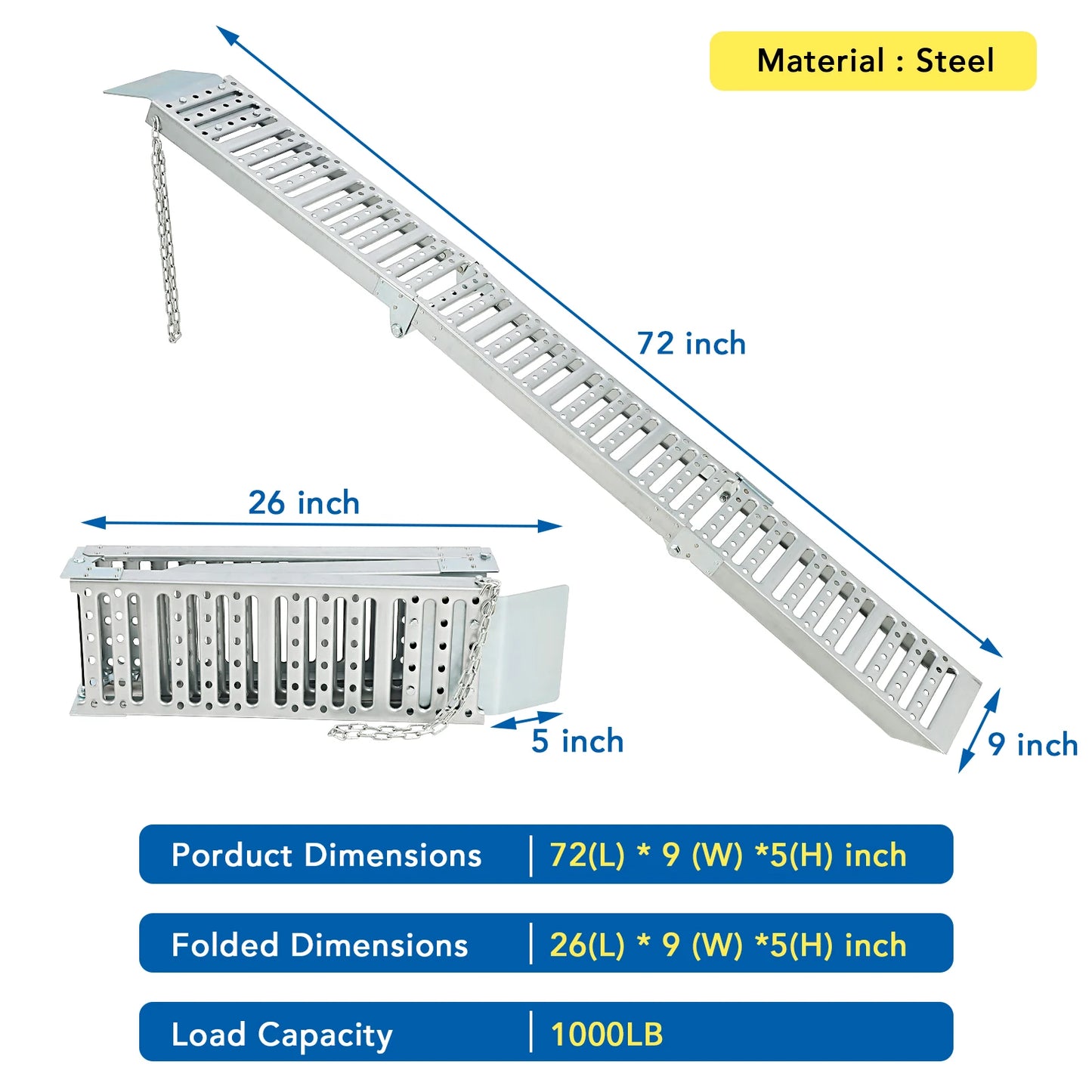 72 Inch Foldable Loading Ramps Heavy Duty Metal 1500lbs Capacity