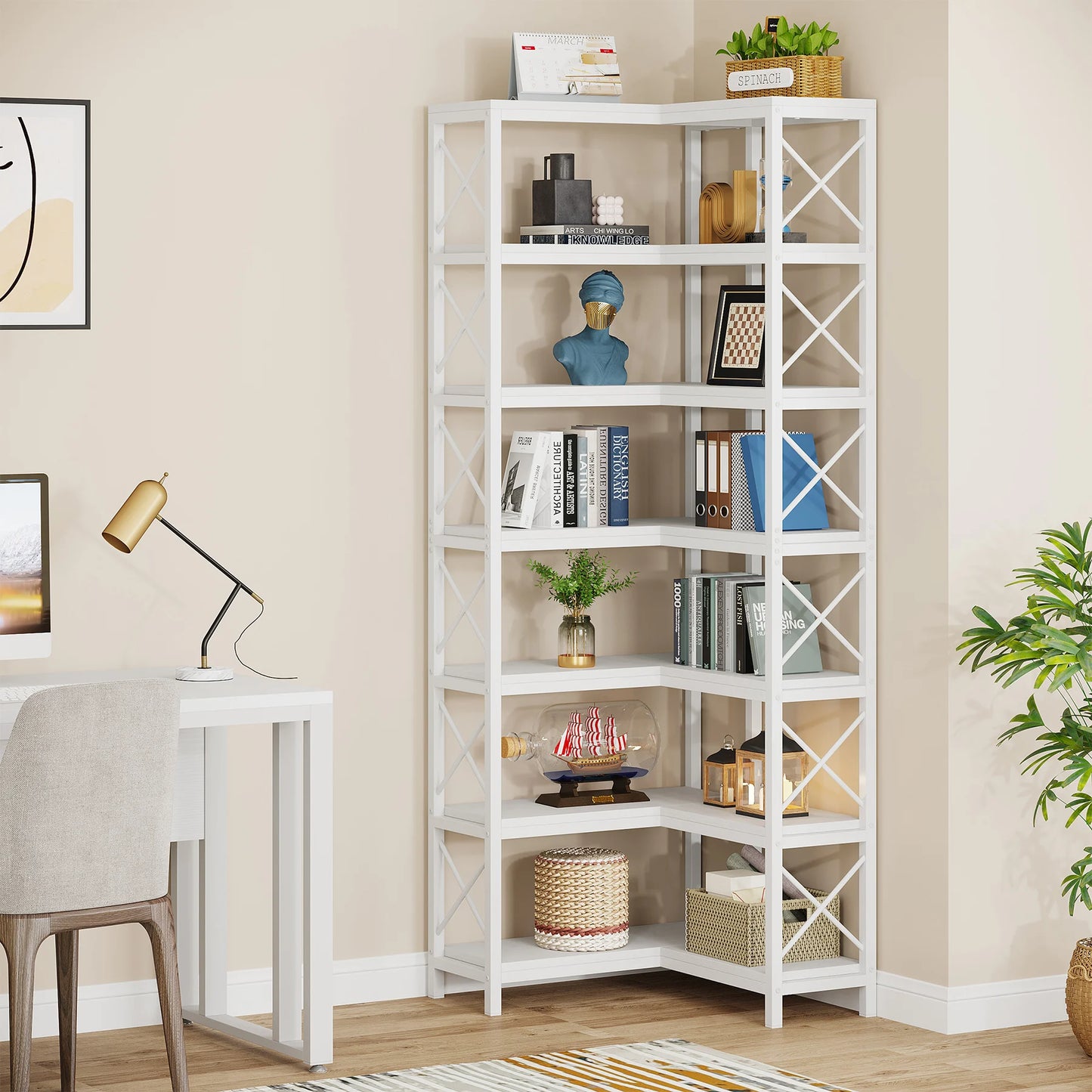 Ljustra 7-Shelf Corner Bookshelf Modern Corner Bookcase Storage Rack