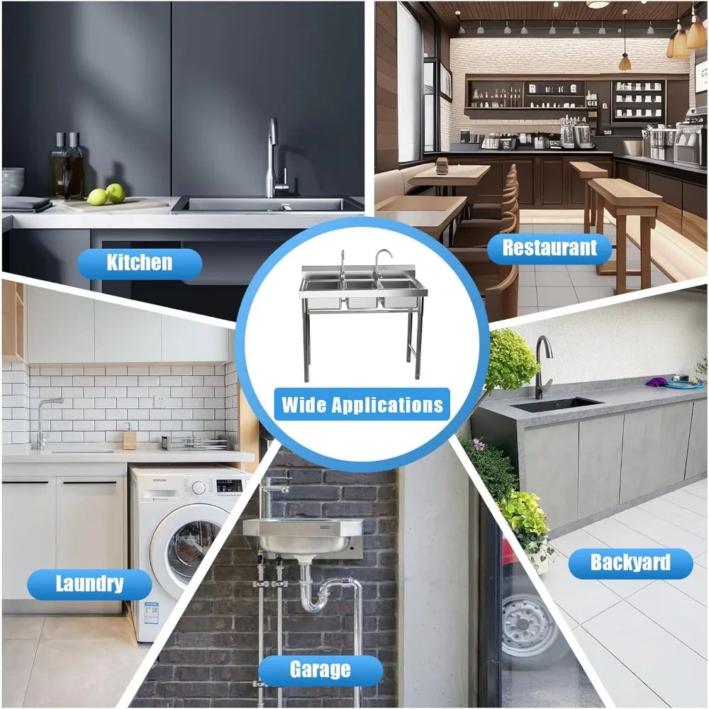 3 Compartment Stainless Steel Utility Sink with Hot Cold Faucets
