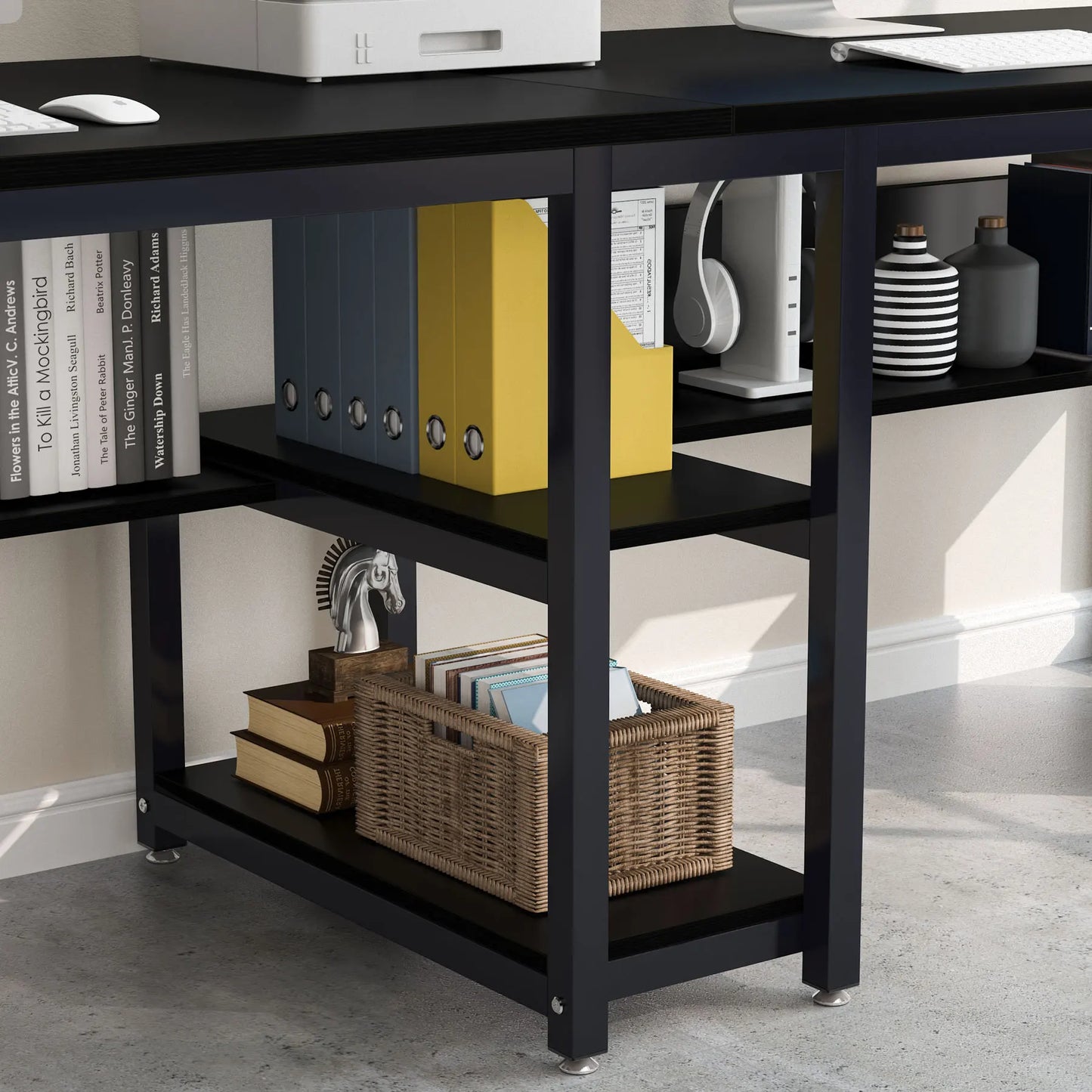 Ljustra Two Person Desk with Bookshelf Rustic Home Office Workstation