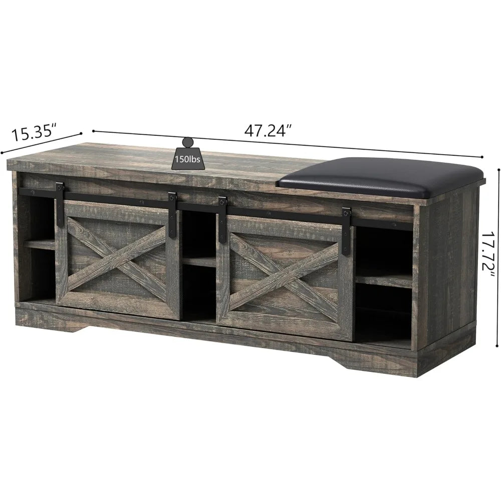 Modern Shoe Bench Storage Cabinet with Sliding Barn Door for Entryway
