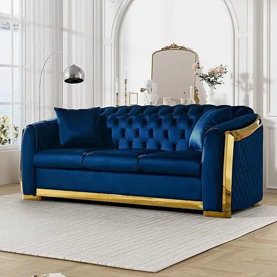 Ljustra Mid Century Modern Chesterfield Sofa Blue Gold Velvet Couch
