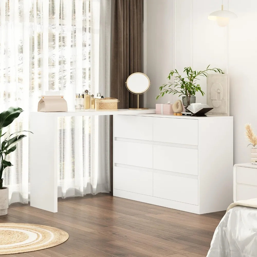 L-Shaped Dressing Table 6 Drawers Extendable Vanity Desk Combo