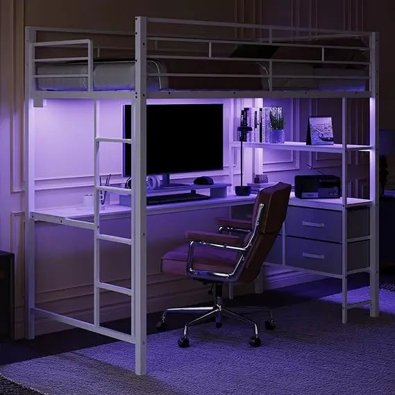 Ljustra Twin Metal Loft Bed Frame with Desk and Charging Stations