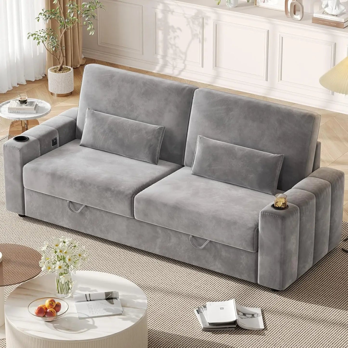 88 Inch Modern Velvet Recliner Sofa with Storage and Charging Ports