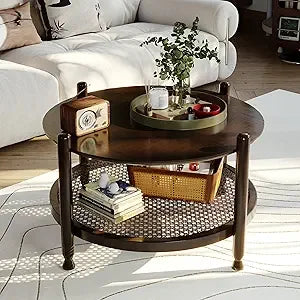 32 Inch Round Coffee Table Rustic Wood 2-Tier Boho Woven Storage