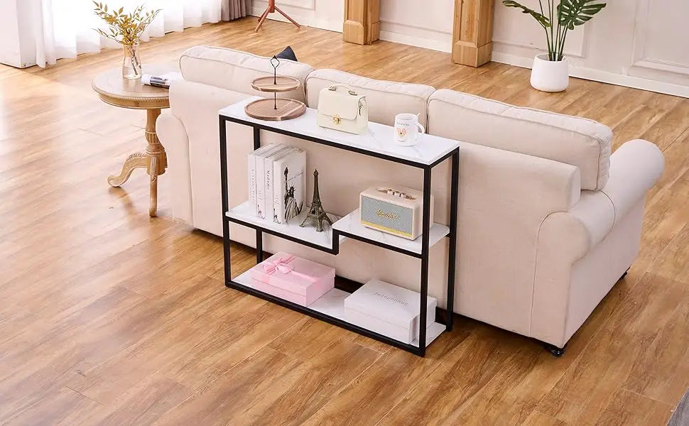 Console Table Entryway Faux Marble Double Layer Sofa Table Gold Frame