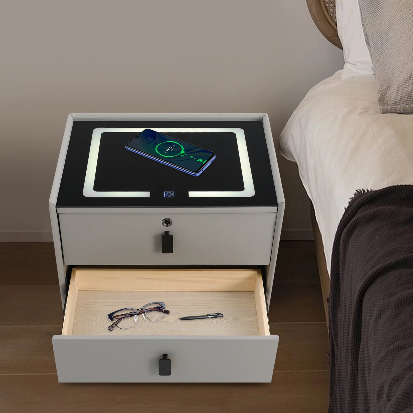 Smart Bedside Table with Bluetooth Speaker USB Wireless Charging and Light