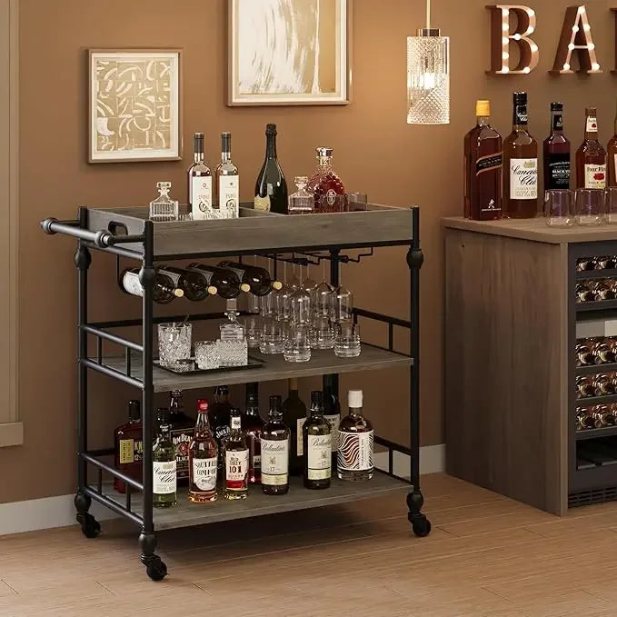 Ljustra 3 Tier Bar Cart with Wheels Wine Rack Industrial Serving Cart