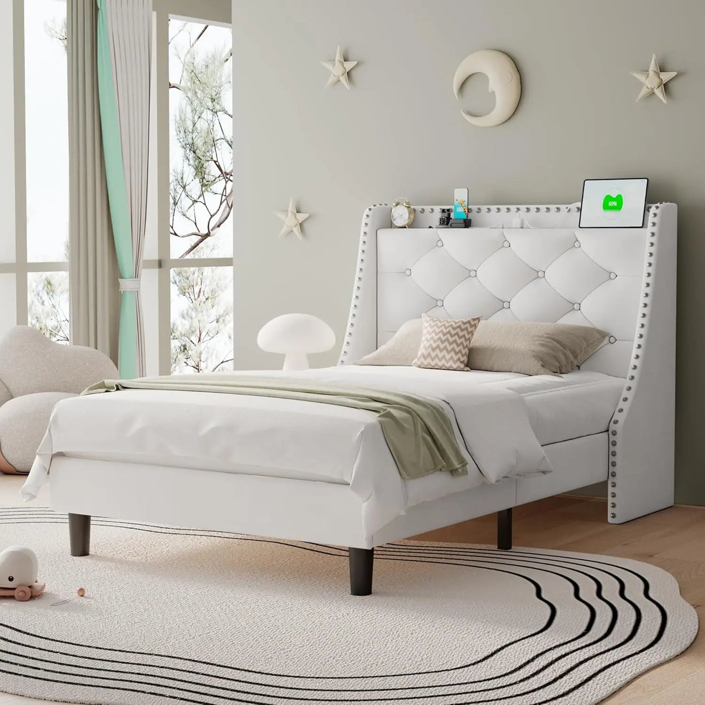 Full Size Bed Frame Wingback Tufted Storage Headboard with AC Ports