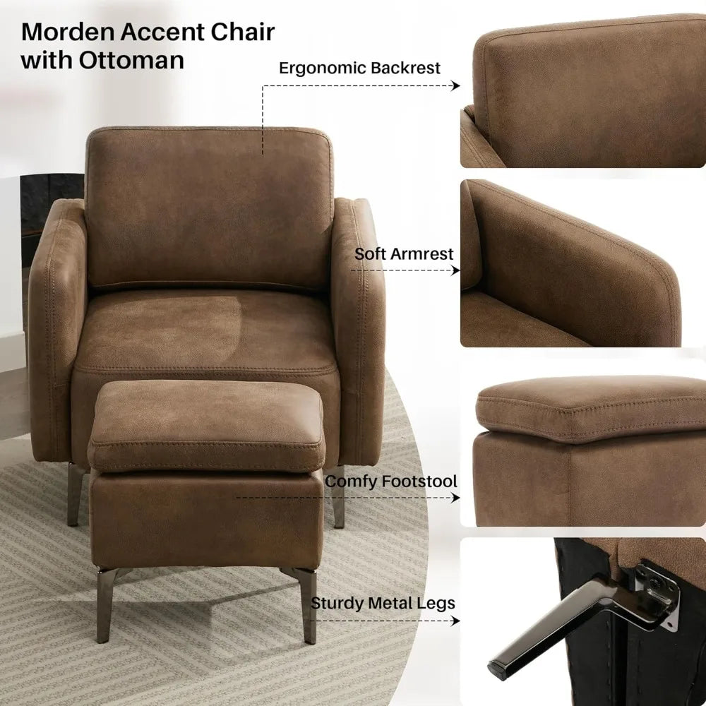 Accent Chair with Ottoman Mid Century Modern Upholstered Leather Armchair