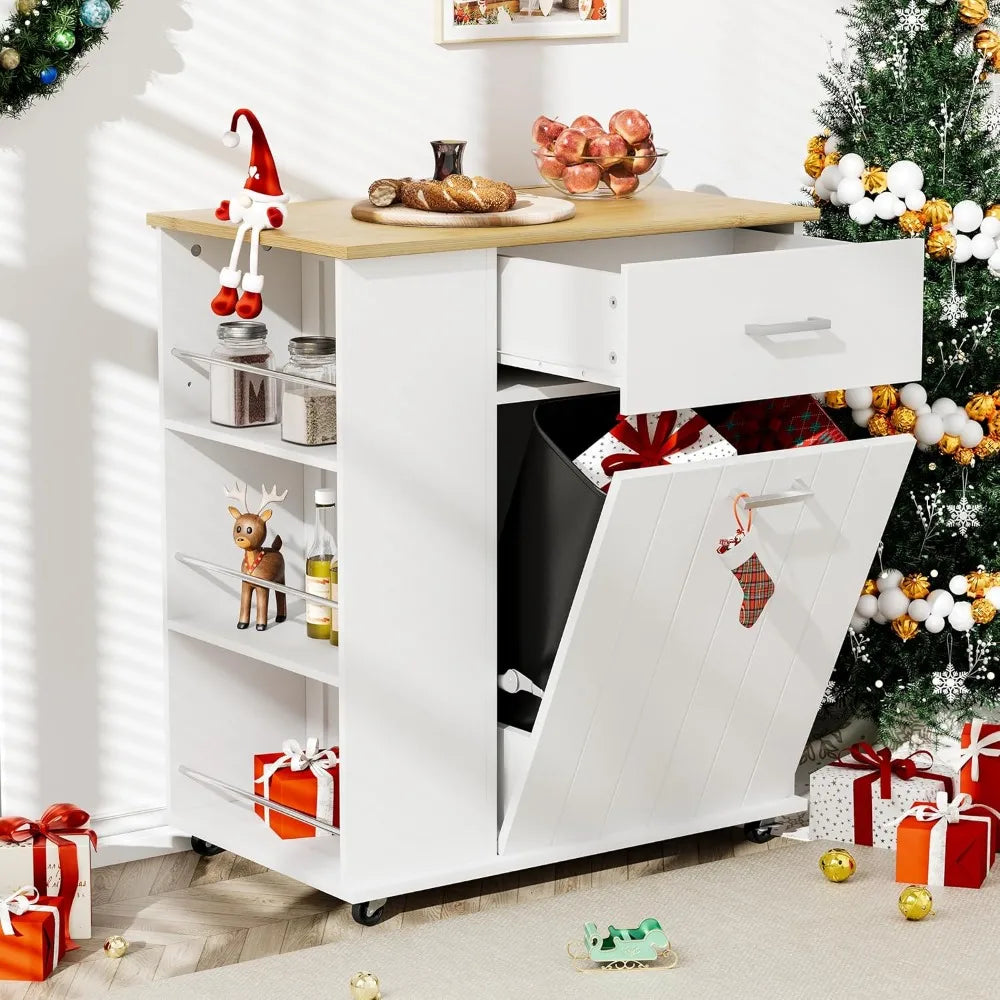 Rolling Kitchen Island on Wheels with Trash Can Storage and Spice Rack