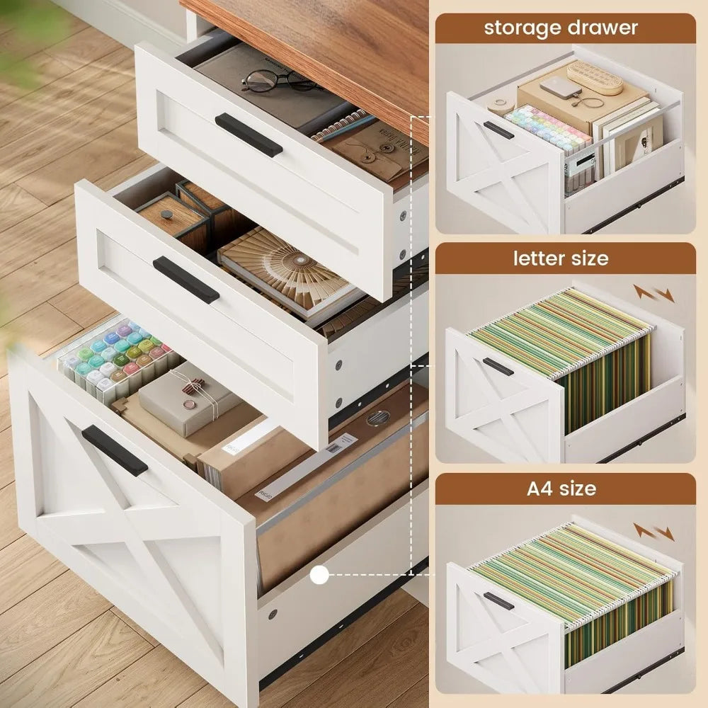 Farmhouse L Shaped Desk with 3 Drawers and Charging Station for Home Office