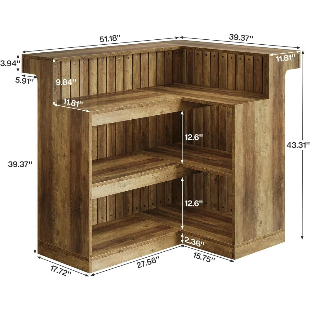 Ljustra L-Shaped Home Bar Unit Corner Liquor Table with Storage Shelves