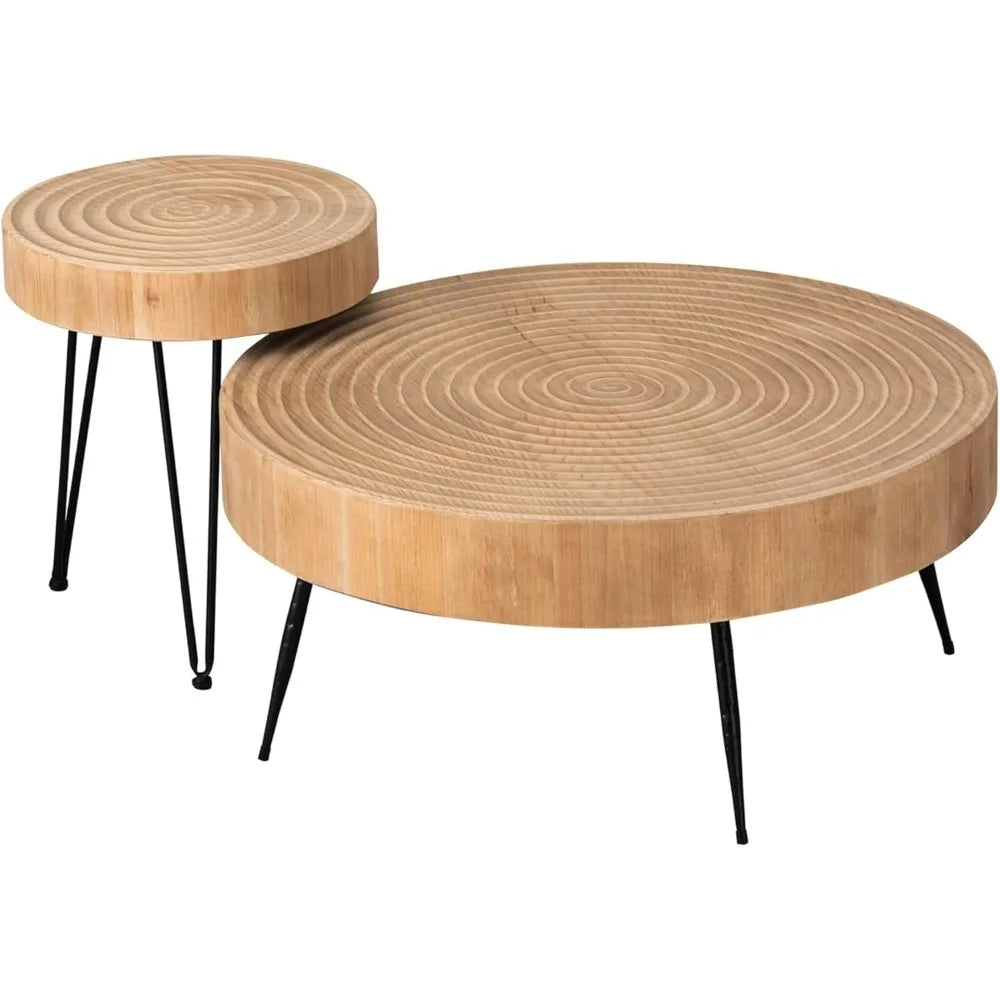 2-Piece Modern Farmhouse Living Room Coffee Table Set, Nesting Table Round Natural Finish with Handcrafted Wood Ring Pattern