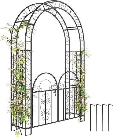 7.4ft Steel Garden Arch with Gate Outdoor Trellis for Climbing Plants