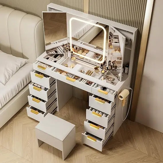 11 Drawer Vanity Desk with Foldable Mirror LED Lights and Gold Handles