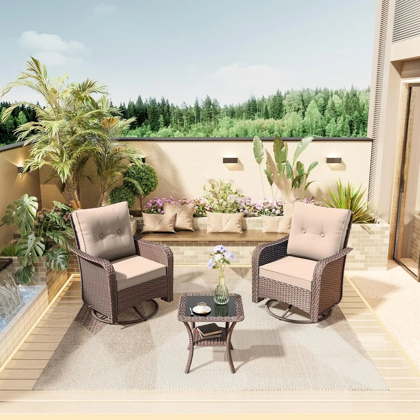 Ljustra 3 Piece Wicker Swivel Rocking Chair Set Outdoor Patio Furniture