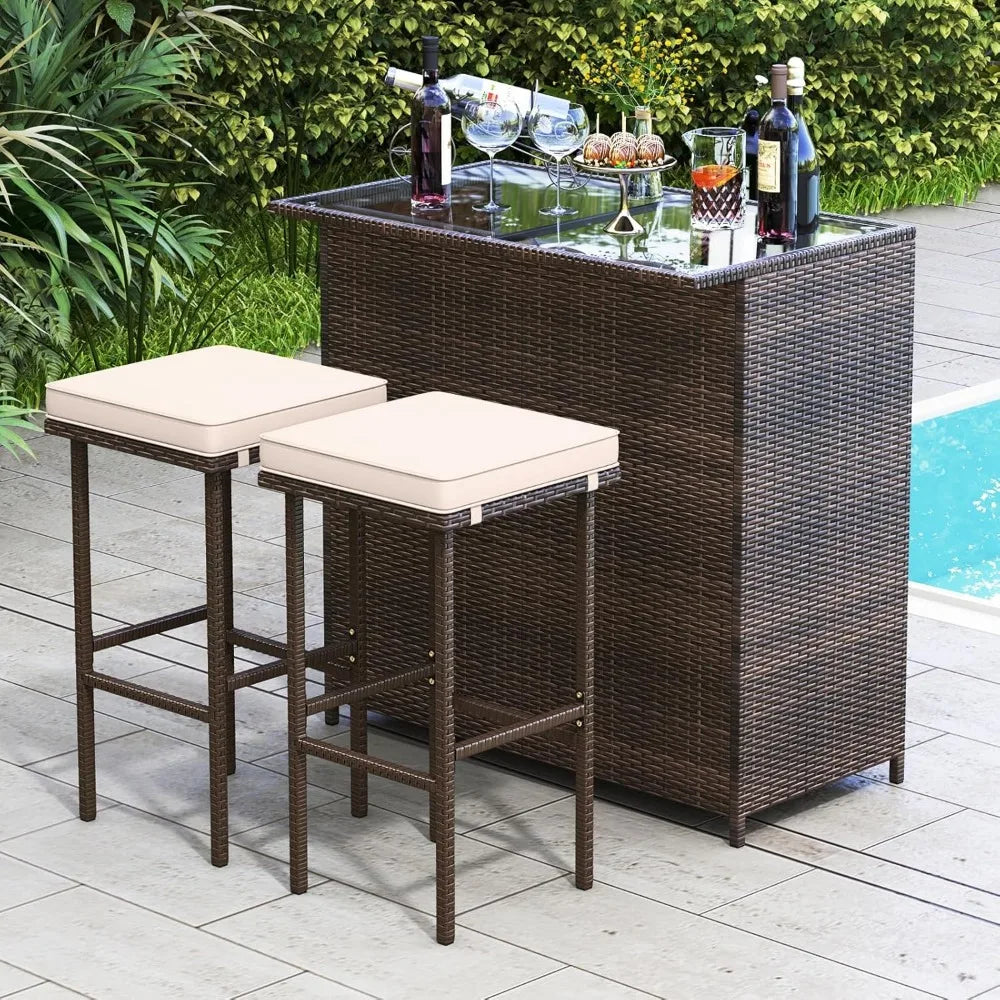 Ljustra 3 Piece Patio Bar Set Outdoor Rattan Table and Stools with Storage