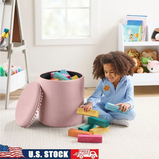 Pom Pom Kids Storage Ottoman Velvet Upholstery Fun Accent Piece