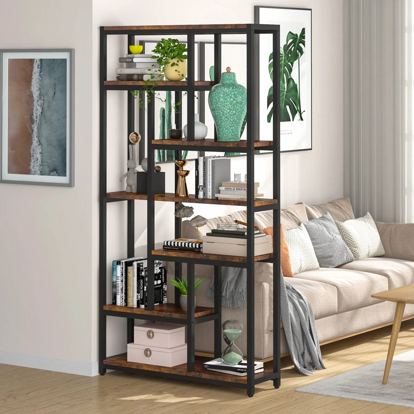 Ljustra Modern 8-Tier Staggered Bookcase Wide Wood Etagere Shelving Unit