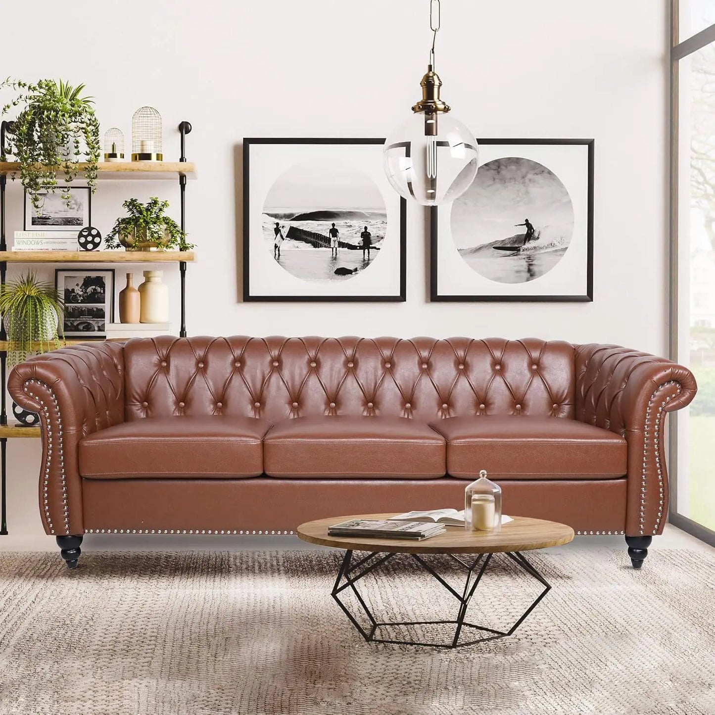 84" Velvet Chesterfield Sofa Tufted Couch w/ Rolled Arms & Nailheads, 3 Seater