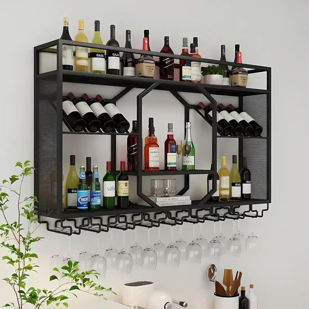 47 Inch Wall Mounted Wine Rack Floating Bar Metal Storage Shelf
