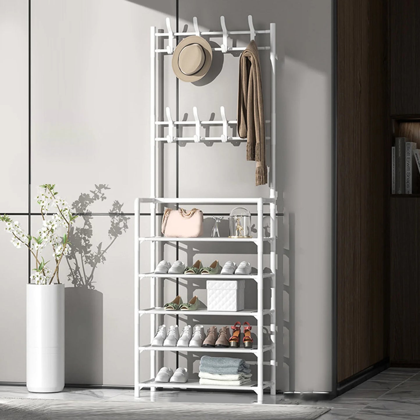 Large Modern Metal Coat Rack with Shoe Organizer for Home Entryway