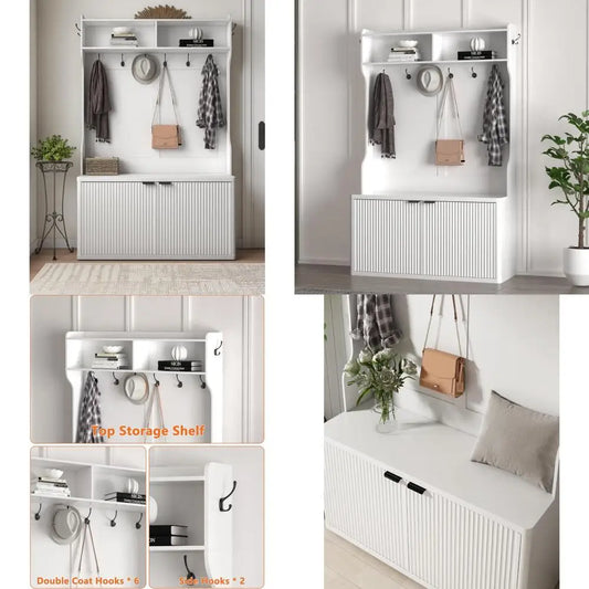 Modern Fluted Entryway Coat Rack Bench Shoe Storage Cabinet 42.5"