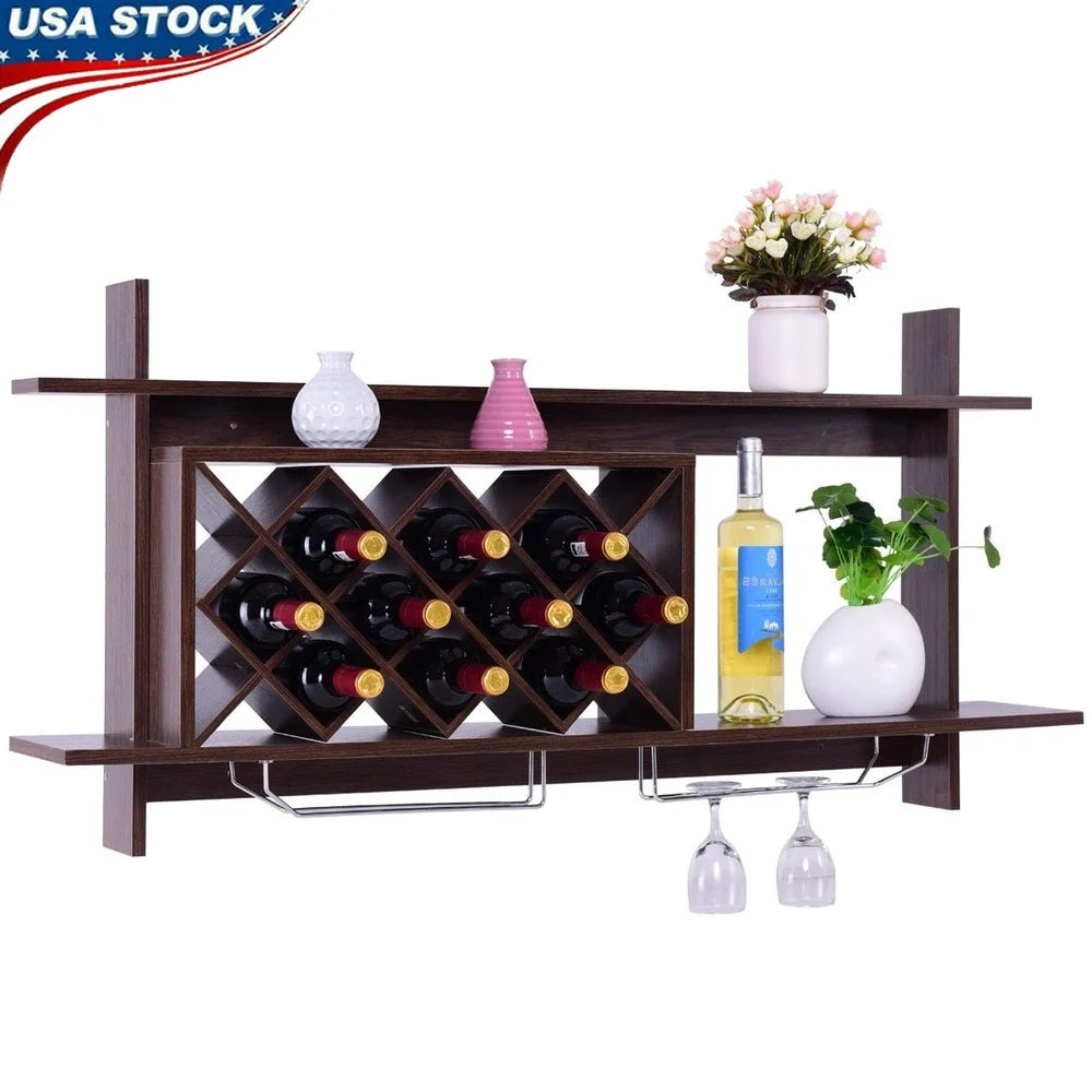 Stylish Wine Rack Wall Mount with Glass Holder Storage Shelf Organizer