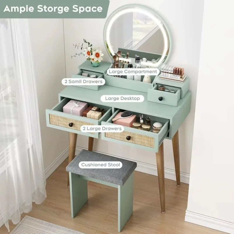 31 Inch Boho Natural Rattan Vanity Desk Set with Lighted Mirror and Stool