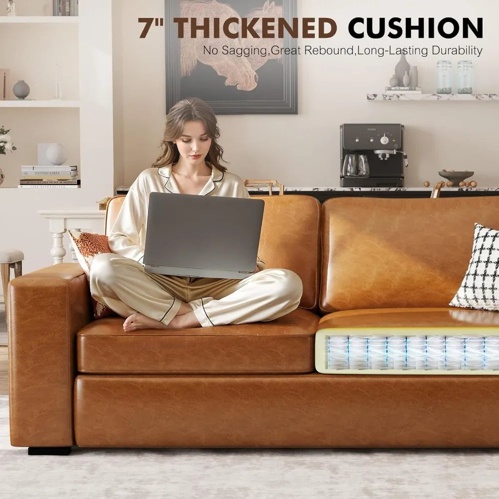 85 Inch Faux Leather Couch Mid Century Modern Deep Seat Sofa